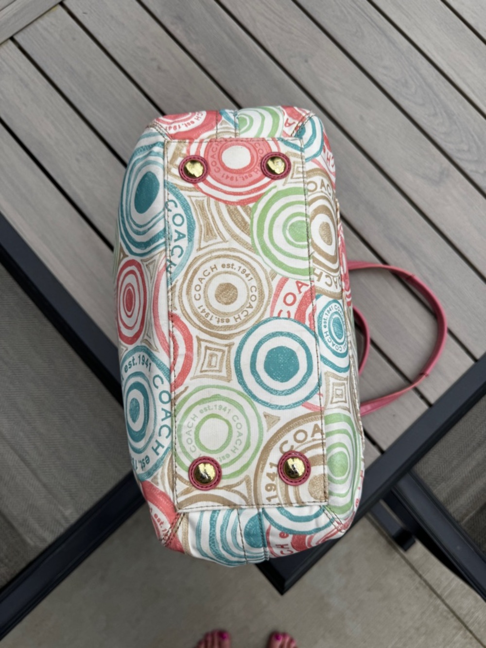 Coach Multicolor Circle Print Tote with Pink Trim and Handles - Picture 3 of 6